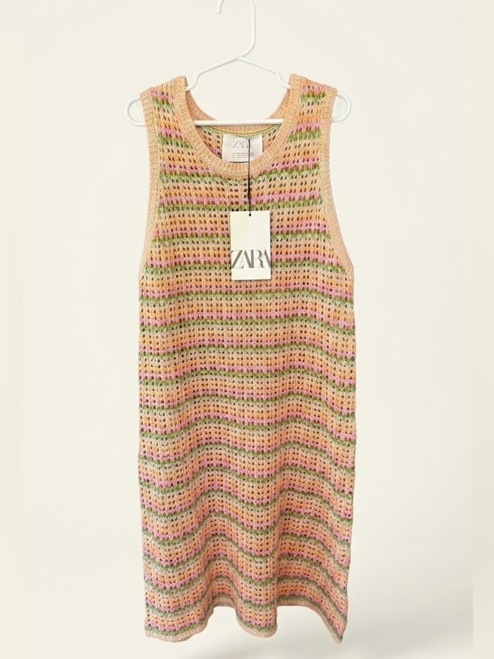 ZARA Kids Girls Striped Knit Tank Dress in pastel pink Green & Cream -size 13/14